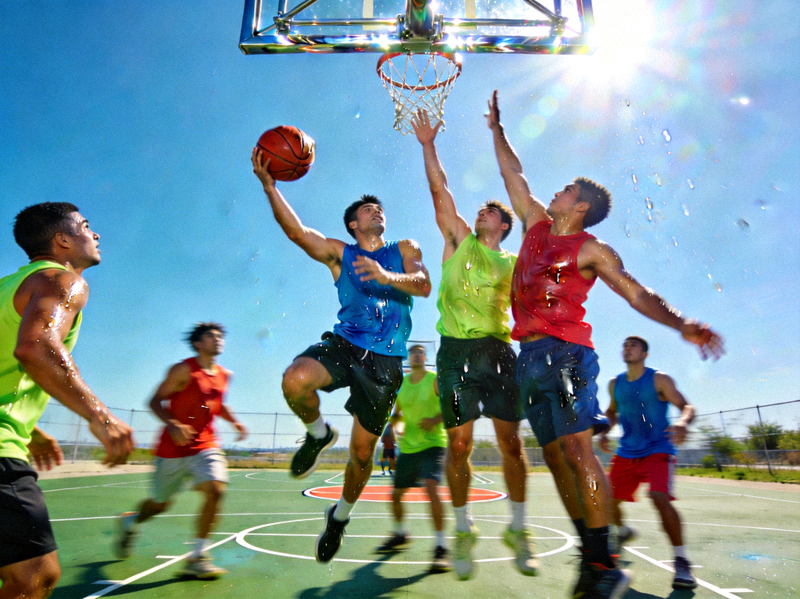 篮球爱好者在户外球场打球的激烈画面