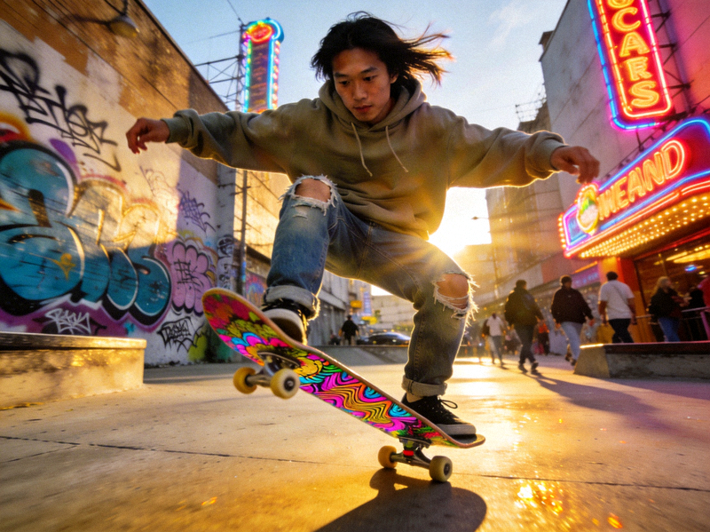 年轻人在城市街头滑板的运动场景